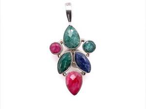 Natural Emerald, Blue Sapphire and Ruby Flower Cluster Pendant