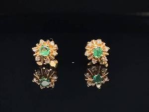 Vintage Emerald and Diamond Floral Cluster Stud Earrings in 14k Yellow Gold