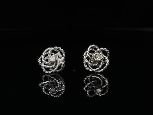 Diamond Solitaire Twisted Rope Love Knot Stud Earrings in 14k White Gold