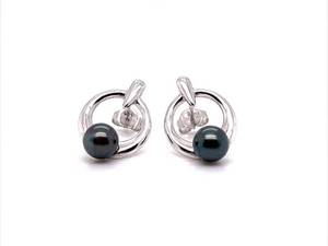 Tahitian Black Pearl Dainty Door Knocker Earrings in 14k White Gold - Designer Signed