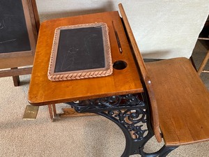 lot 15 image: Antique School Desk and Portable Chalkboard with Learning Scroll