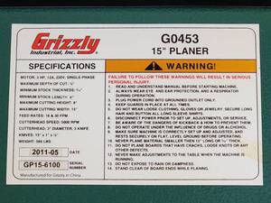 lot 3 image: Very Nice Grizzly Industrial Inc. 15  Planer G0453