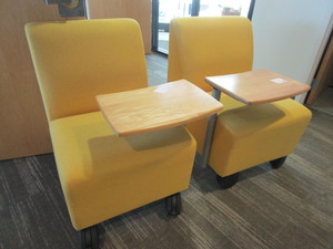 lot 145 image: INTEGRA, BRIGHTLY COLORED, TABLET ARM CHAIRS WITH CASTERS