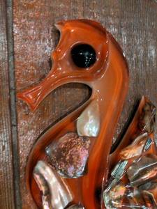 lot 85 image: 2 Vintage Orange Lucite Abalone Seahorse Mid-Century Wall Plaques, 12 & 8