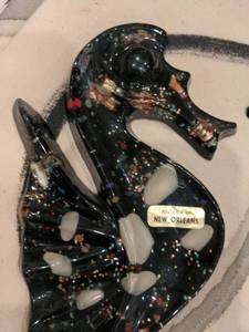 lot 88 image: 2 Mid Century Wall Hangings, Black Lucite Seahorses wShells & Glitter, 8