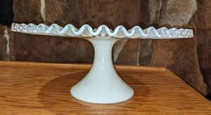 lot 197 image: Vintage Fenton White Milk Glass Large Ruffled Pedestal Cake Plate
