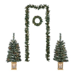 lot 13 image: Holiday Time Pre-Lit Christmas Tree Entryway Set, White Lights, Green Color, 5 Pieces