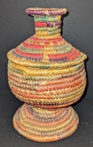 lot 37 image: Native American Colorful Woven Coiled Pedestal Basket wLid