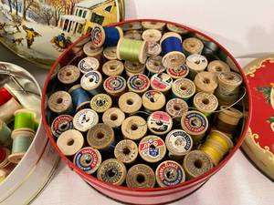 lot 160 image: 2 Vintage Tins With Wooden Thread Spools