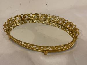 lot 189 image: Vintage Ornate Gold Metal Mirror Vanity Tray