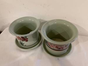 lot 200 image: 2 Clay Hand Painted Flower Pots