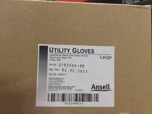 lot 28 image: 1 CASE NEW IN BOX Ansell&nbspGloves Utility Ansell NitrileLatex Diamond Embossed Sure Grip Surface & Soft Cotton Flock Lining 13 inch Large Size Blue Disposable 12PrBg, 4 BGCASE