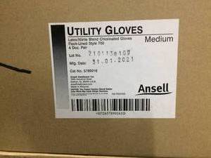 lot 29 image: 1 CASE NEW IN BOX Ansell&nbspGloves Utility Ansell NitrileLatex Diamond Embossed Sure Grip Surface & Soft Cotton Flock Lining 13 inch Medium Size Blue Disposable 12PrBg, 4 BGCASE