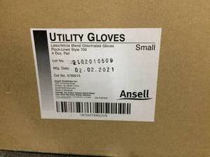 lot 30 image: 1 CASE NEW IN BOX Ansell&nbspGloves Utility Ansell NitrileLatex Diamond Embossed Sure Grip Surface & Soft Cotton Flock Lining 13 inch RARE Small Size Blue Disposable 12PrBg, 4 BGCASE