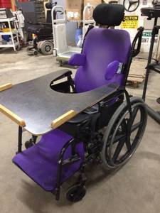 lot 8 image: QUICKIE IRIS TILT IN SPACE VIKINGS PURPLE FOAM PADDED WHEELCHAIR - GOOD WORKING CONDITION 