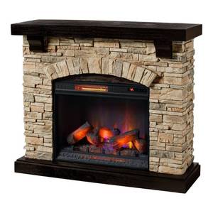 lot 258 image: Home Decorators Collection Freestanding Faux Stone Infrared Electric Fireplace in Tan with Mantel Model 147465 (Heater May Not Work)