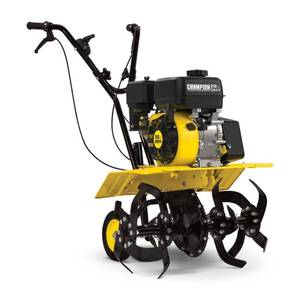 lot 2 image: Champion Power Equipment 22 in. 212cc 4-Stroke Gas Dual Rotating Front Tine Tiller with Storable Transport Wheels, Runs, Has chunk out of 1 wheel.