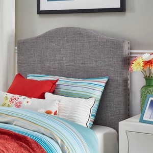 lot 131 image: Inspire Q Queen Blanchard Nailads Camelback Upholstered Headboard in Gray, Missing Hardware - Headboard Only.