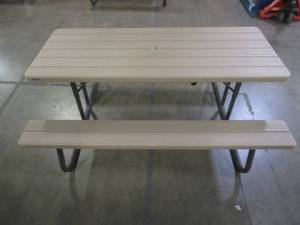 lot 143 image: Lifetime Plastic Folding Picnic Table in Light Brown, 60244 - Dimensions Table Top 72 x 29 x 30Tall. Slight Scratches.
