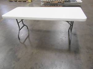 lot 155 image: Lifetime Plastic Folding Table in White. Used in Warehouse. - Scratch and Dent.