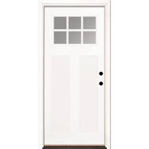 lot 171 image: Feather River 36 in. x 80 in. 6 Lite Clear Craftsman Unfinished Smooth Left-Hand Inswing Fiberglass Prehung Front Door, GK3190 - Slight Scratch and Dent  - Some Stain on front.