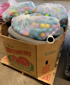 Ultimate Ballocity park game includes the volcano, cannons air supply, and hoses, the basket, and foam balls