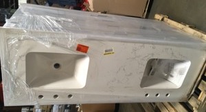 Home Decorators Collection Talmore 60 in. Double Vanity in Sky Grey with Artificial Carrara Vanity Top with White Basin In good condition