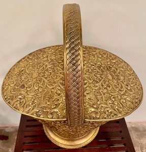 Gold Tone Lidded Basket with Embossed Design
