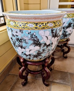 Pair of Large Floral Design Chinese Planters with Stands