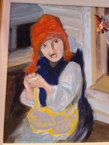 Framed Rooster and Woman Painting by Judie Jones