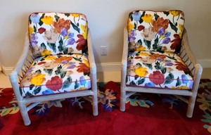 Pair of Custom Upholstered Rattan Armchairs