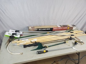 lot 161 image: Shepherd Hook, Tool Handles, Deck Brushes, Barn Wood, and More