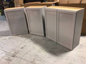 Lot of 3 Courtland Sterling Gray Finish Laminate Shaker Stock Assembled Wall Kitchen Cabinet 24 in. x 36 in. x 12 in. by Hampton Bay One Damaged on Top Corner See Pictures