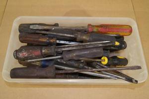 Bin of Assorted Screwdrivers - Some Craftsman