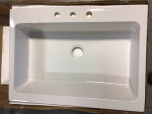 Josephine Apron Front Farmhouse 34 in. 3-Hole Single Bowl Kitchen Sink in Crisp White by SINKOLOGY Customer Returns See Pictures