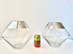 Set of two large decorative glass vases with chrome rims