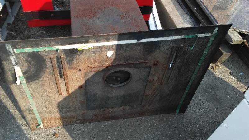 lot 228A image: Metal wood burning stove, Basketball backboard, Push Mower, pitchfork & windows.
