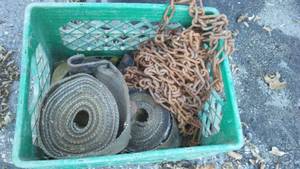 lot 123 image: Semi Straps, Tire Chains, and Crate.