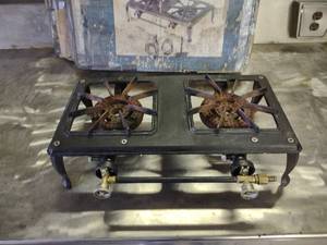 lot 13 image: Two Burner Cast Iron LP Gas Stove, ...