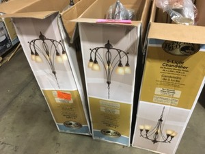 lot 33 image: Lot of 3 Hampton Bay 5-Light Bronze Chandelier with Tea Stained Glass Shades Customer Returns See Pictures