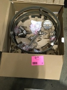 lot 42 image: Progress Lighting Gulliver 22 in. 4-Light Brushed Nickel Farmhouse Drum Pendant with Weathered Gray Wood Accents Open Box Customer Returns See Pictures