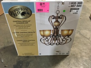 lot 43 image: Hampton Bay Chateau Deville 5-Light Walnut Chandelier with Champagne Glass Shades Open Box Customer Returns See Pictures