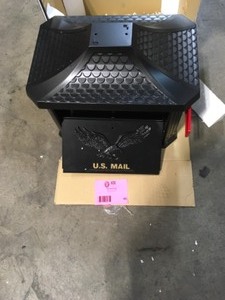 lot 45 image: Gibraltar Mailboxes Hamilton Premium, Large, Locking, Aluminum, Post Mount Mailbox, Black Customer Returns See Pictures