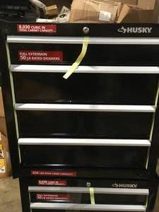 lot 17 image: Lot of 2 Drawer Rolling Cabinet Tool Box Chest in Gloss Black Slighly Damaged on the Bottom Corner See Pictures