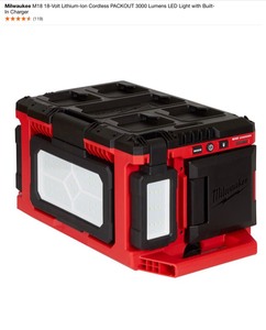 lot 1 image: Milwaukee M18 18-Volt Lithium-Ion Cordless PACKOUT 3000 Lumens LED Light with Built-In Charger. See Pictures