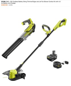 lot 20 image: RYOBI ONE 18V Cordless Battery String TrimmerEdger and Jet Fan Blower Combo Kit with 4.0 Ah Battery and Charger. See Pictures