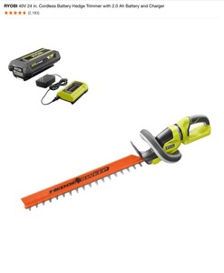 lot 30 image: RYOBI 40V 24 in. Cordless Battery Hedge Trimmer with 2.0 Ah Battery and Charger. See Pictures