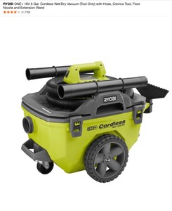 lot 33 image: RYOBI ONE 18V 6 Gal. Cordless WetDry Vacuum (Tool Only) with Hose, Crevice Tool, Floor Nozzle and Extension Wand. See Pictures