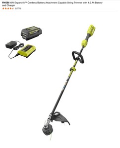 lot 46 image: RYOBI 40V Expand-It Cordless Battery Attachment Capable String Trimmer with 4.0 Ah Battery and Charger. See Pictures