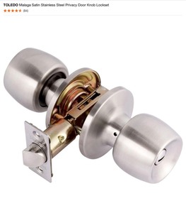 lot 52 image: TOLEDO Malaga Satin Stainless Steel Privacy Door Knob Lockset & Polish Brass Keyed Entry Door Knob Set. See Pictures